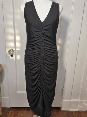 INC ruched sleeveless black body con midi dress size M NWT